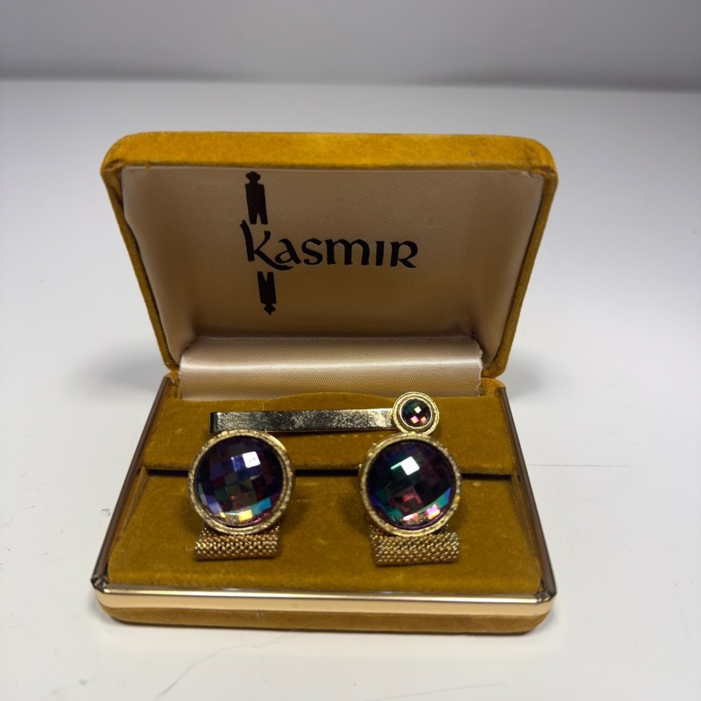 Kasmir Vintage Mesh Wrap Cufflinks and Tie Clip Set Gold Tone Iridescent Stone